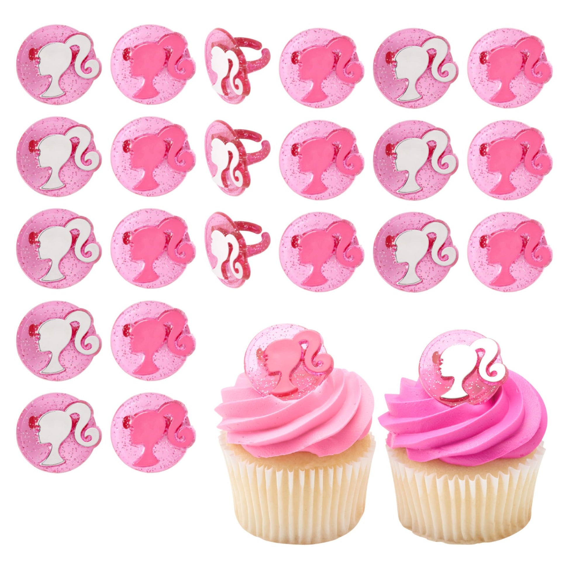 DecoPac Barbie Rings, 24 Barbie Silhouette Cupcake Decorations, Pink Glitter Cake Toppers For Birthday, Parties, Celebrations - 24 Pack