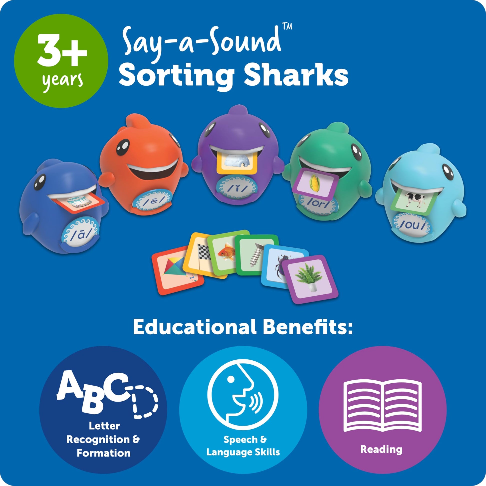 Learning Resources Say-a-Sound Sorting Sharks - Montessori Toys, Kindergarten Learning Activities, Phonemic Awareness Flash Cards, Dyslexia Tools