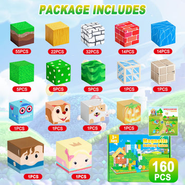 carlle Magnetic Building Blocks 160PCS Magnet Cubes Toys, Build 3D Forest World Set, STEM Montessori Sensory Toys for Kids Boys and Girls Ages 3-5 4-8