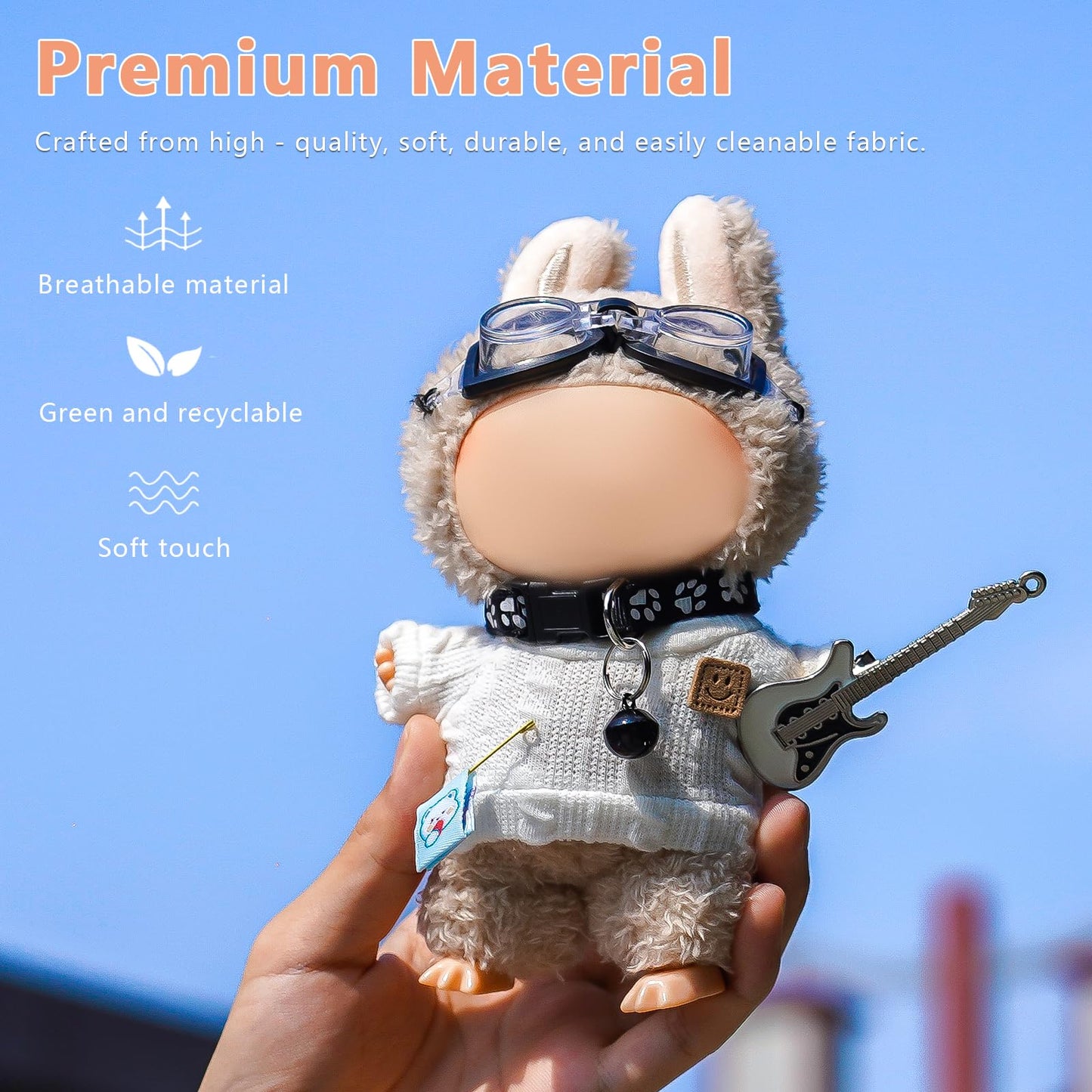 Satakara Doll Clothes Set for 17cm (6.7Inch) Dolls - 4-Piece White Outfit with Guitar, Glasses & Necklace, Stylish Clothes for Display