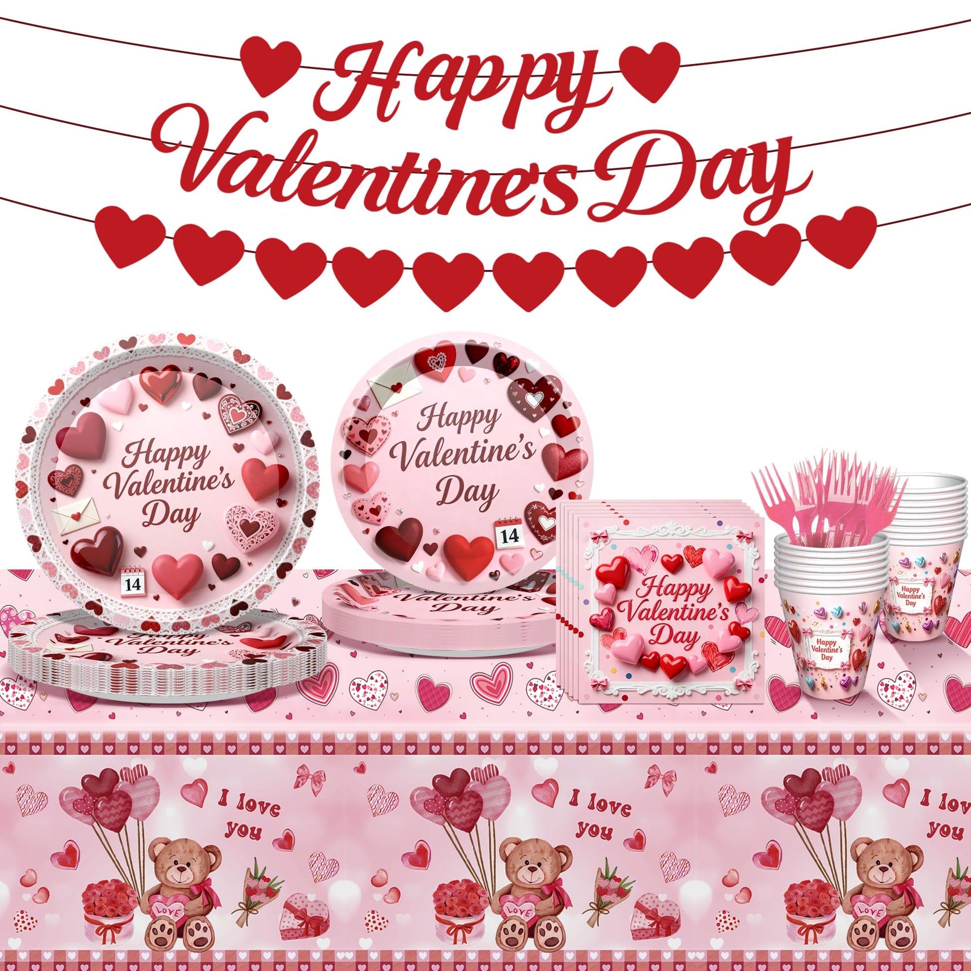 122 PCS Valentine‘s Day Party Supplies, Disposable Tableware Set Include Valentines Plates and Napkins, Cups, Forks, Banner and Tablecloth