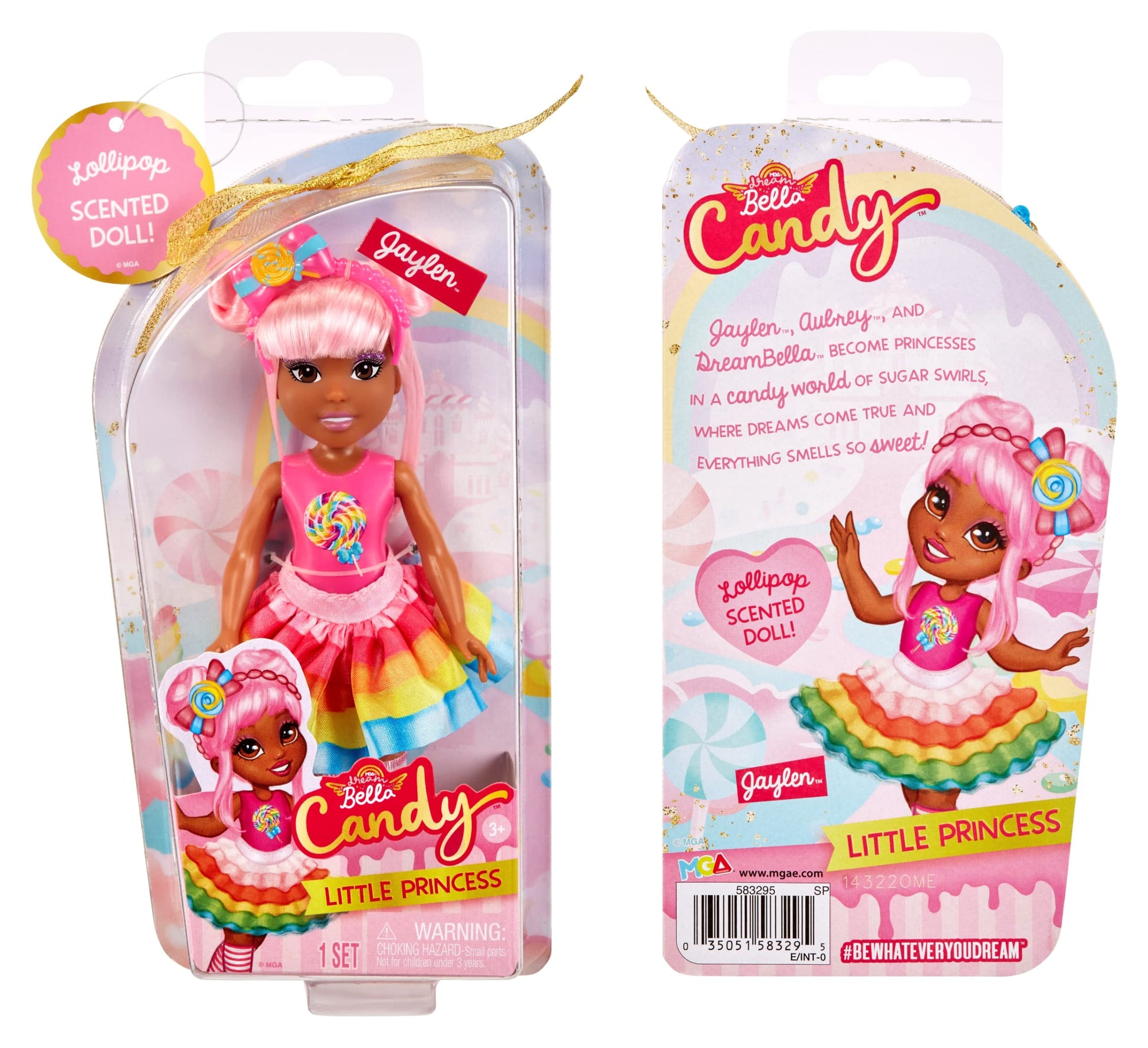 MGA Entertainment Dream Bella Little Candy Princess Jaylen, Lollipop Scented 5.5" Doll with Scratch 'N Sniff Tag, Long Pink Hair, Headband, Rainbow