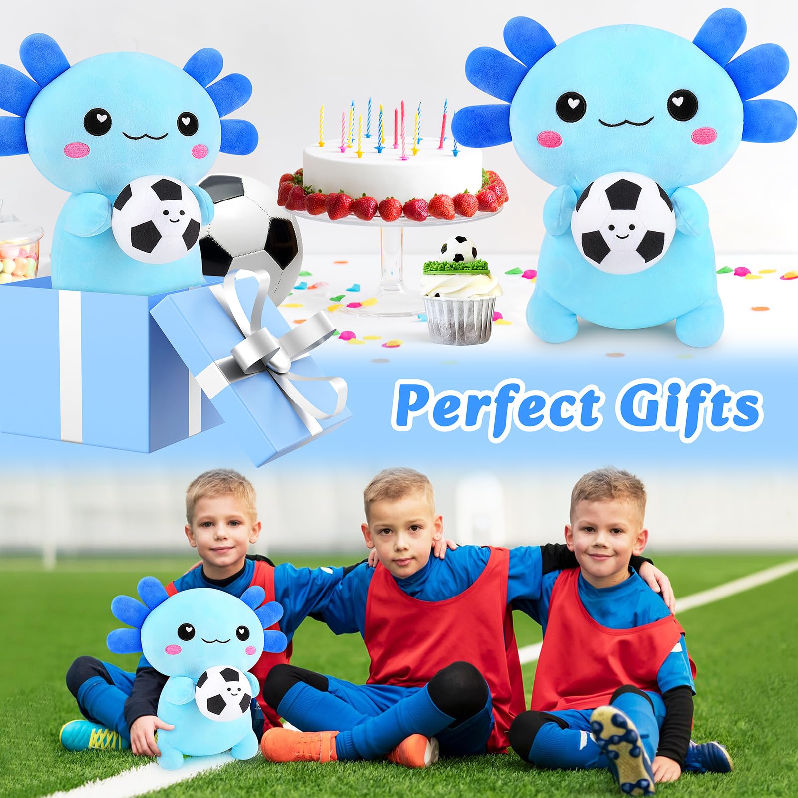 Achwishap Axolotl Plush with Soccer Ball, 14” Blue Axolotl Stuffed Animal Soft Soccer Stuffy Plush Toy, Cute Plushies Pillow Decor, Sports Birthday