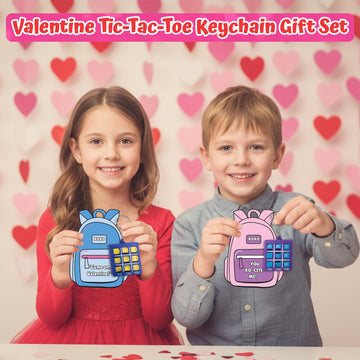 4E's Novelty 24 Pack Classroom Valentine Cards with Tic Tac Toe Keychains Games, Bulk Valentines Day Cards & Gifts for Kids School Valentines