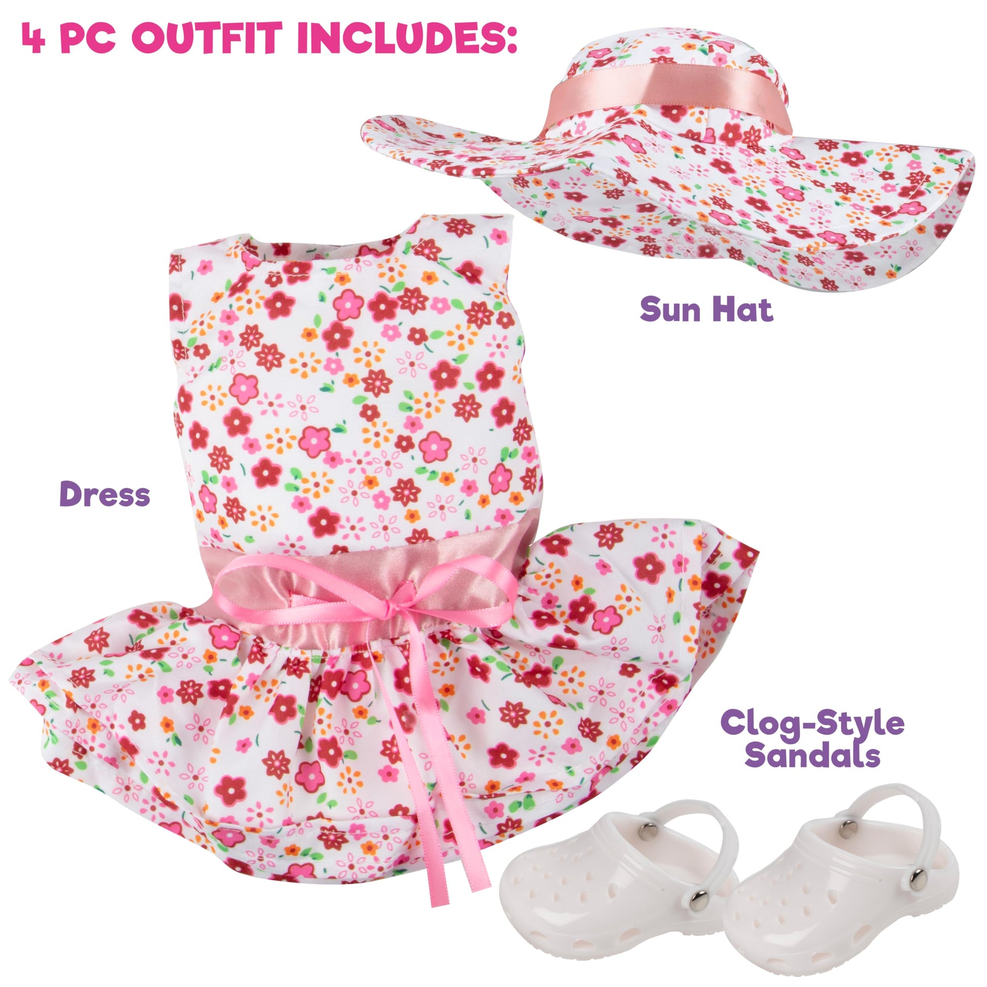 Summer Fun Flower Dress Doll Outfit (4 Pc Set)- Includes Sun Dress, Hat, & Clog Sandals- Handmade, Premium Outfit & Accessories- Compatible with 18"