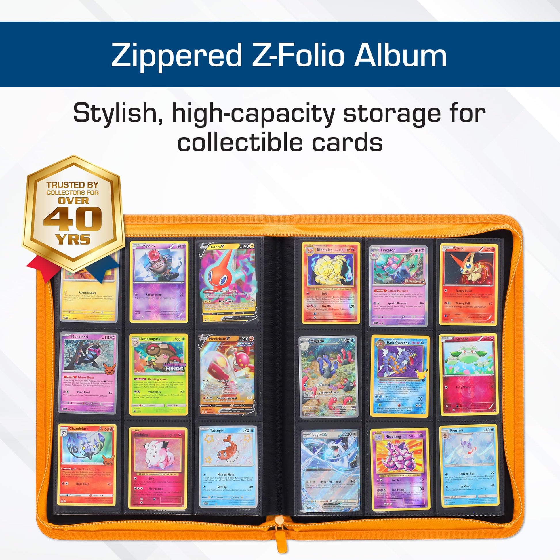 BCW Z-Folio 9-Pocket LX Album - Orange | Secure Zipper Card Organizer | Premium Leatherette Card Collection Binder | Trading Card Binder for Pokemon