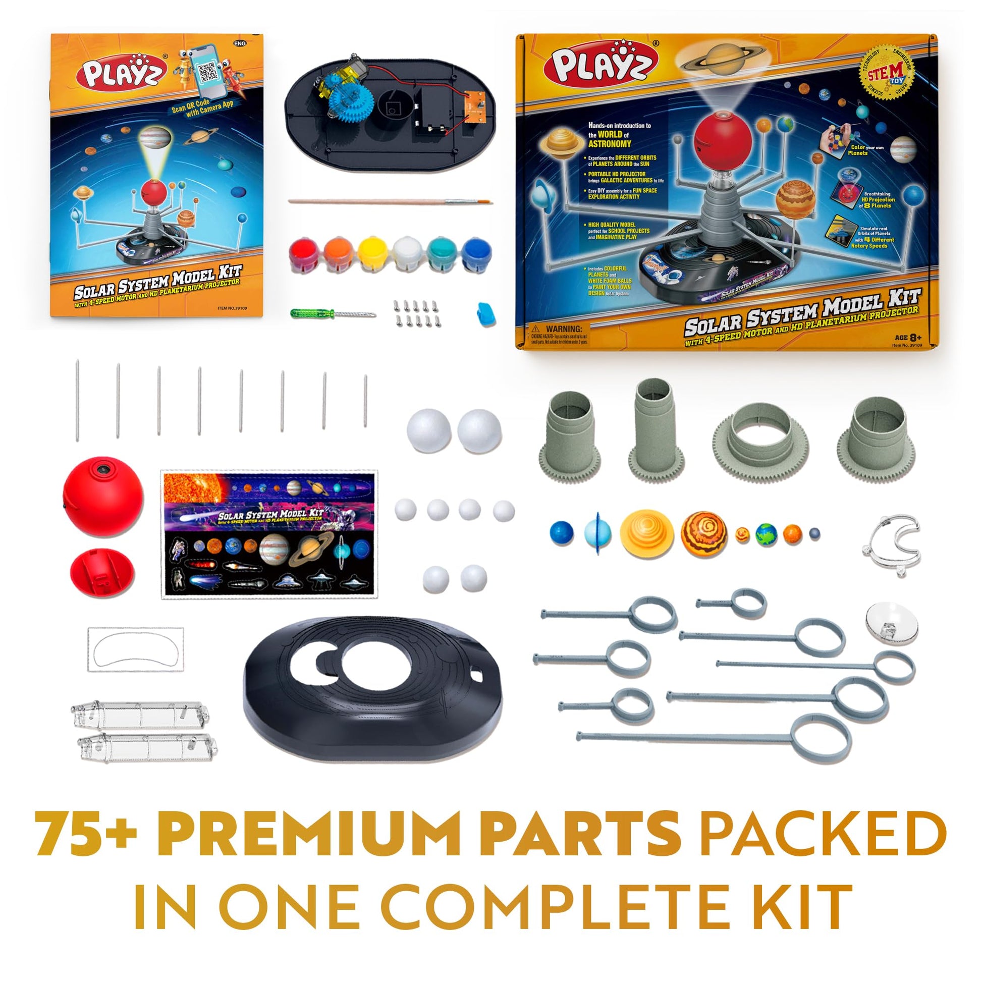 Playz Premium Solar System Model Kit for Kids - 4 Speed Motor, HD Planetarium Projector, 8 Painted Planets & 8 White Foam Balls with Paint and Brush