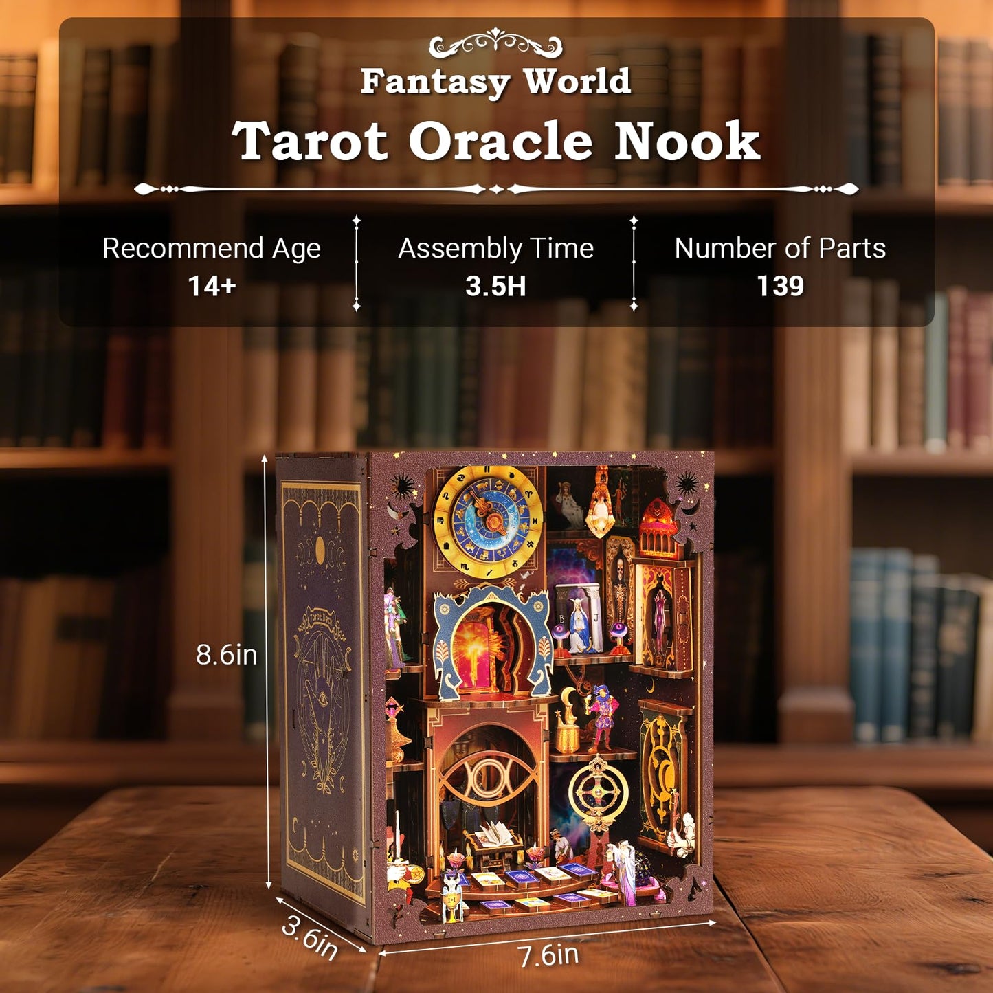 Book Nook Kit - Fantasy Tarot 3D Wooden Puzzle for Adults, Teens & Beginners, DIY Miniature Bookshelf Insert with LED Light, Mysterious Craft Gift
