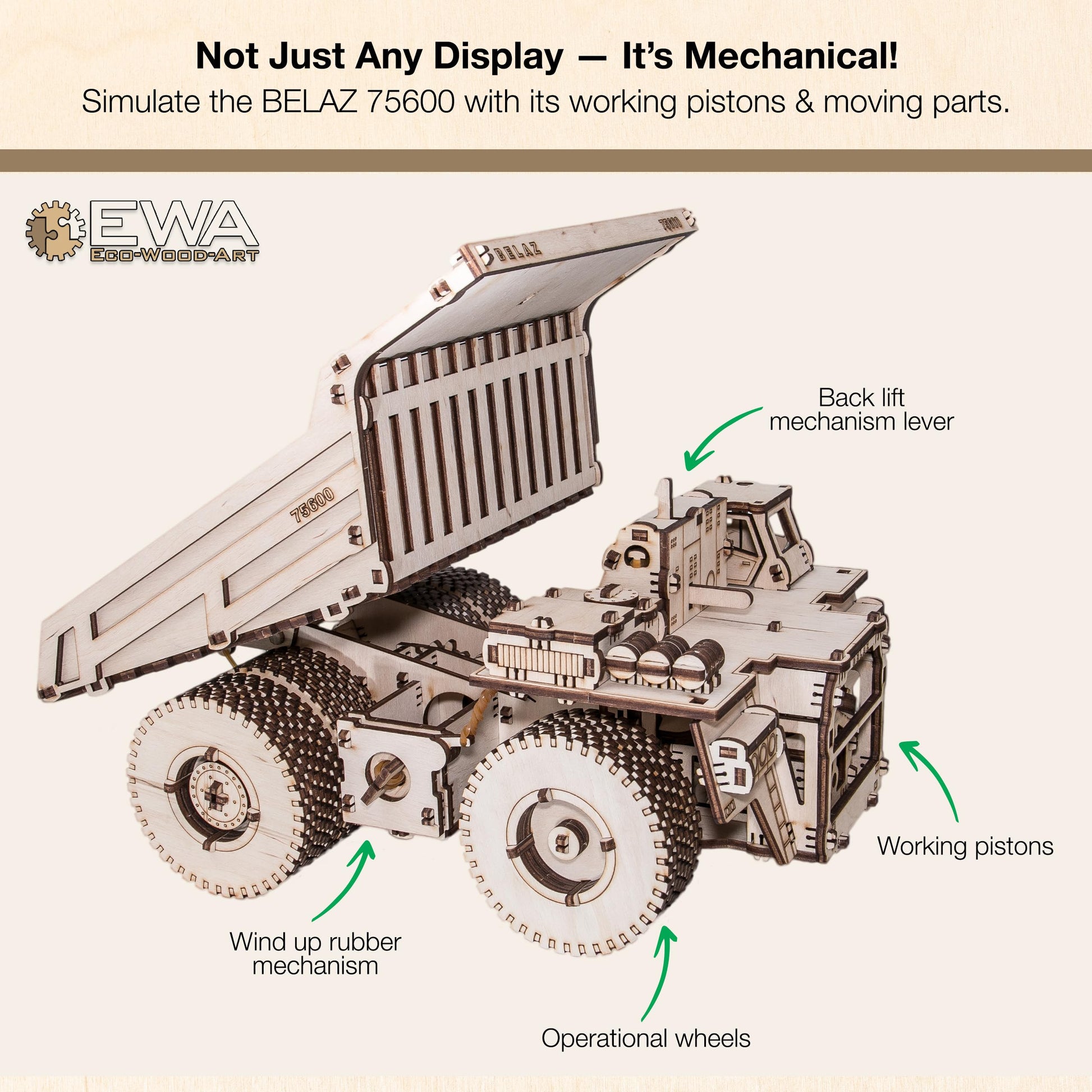 EWA Eco-Wood-Art BELAZ 75600 3D Wooden Puzzle, 307 Pieces, Mechanical Model Kit, Ages 14+, 12.2x7.87 Inches, Wood Construction
