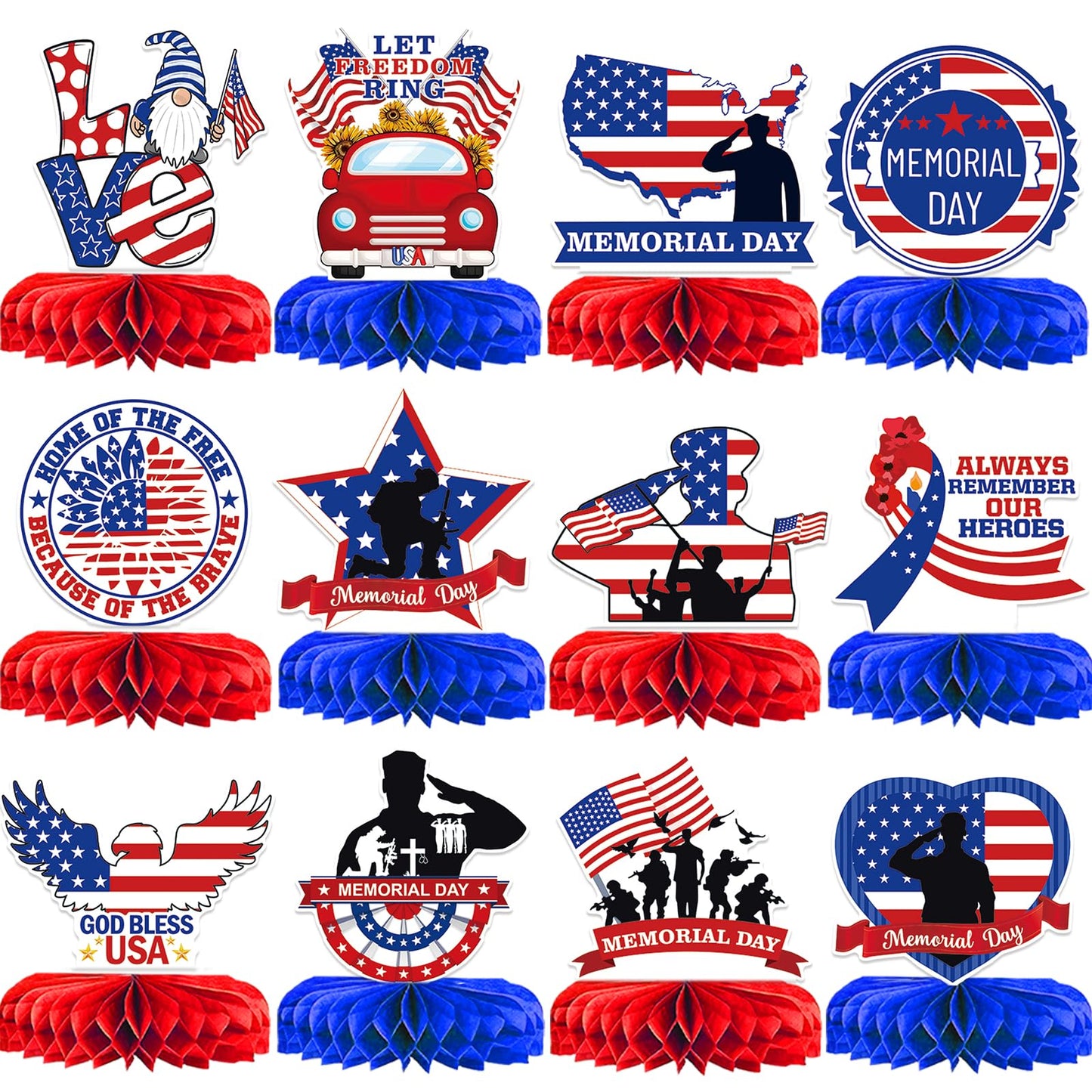 12PCS Memorial Day Decorations Memorial Day Honeycomb Centerpieces Patriotic Centerpieces for Table 4th of July Decorations Patriotic Decorations Red