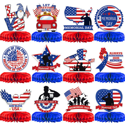 12PCS Memorial Day Decorations Memorial Day Honeycomb Centerpieces Patriotic Centerpieces for Table 4th of July Decorations Patriotic Decorations Red
