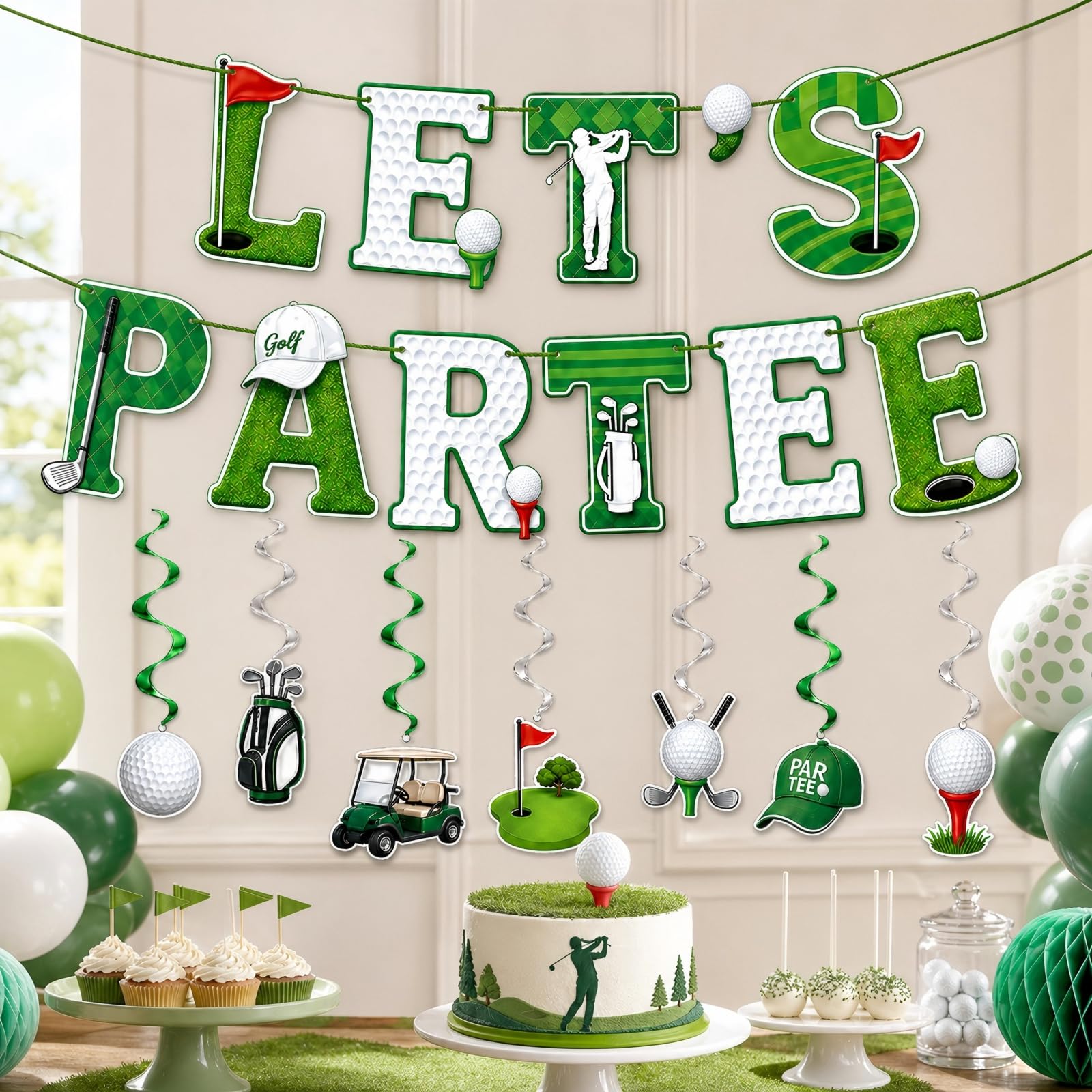 Golf Birthday Decorations - Golf Birthday Banner and 6 Hanging Swirls