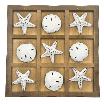 Wowme Wooden Tic - Tac - Toe Beach Game Board with Sand Dollars & Starfish - Perfect for Family & Party Fun