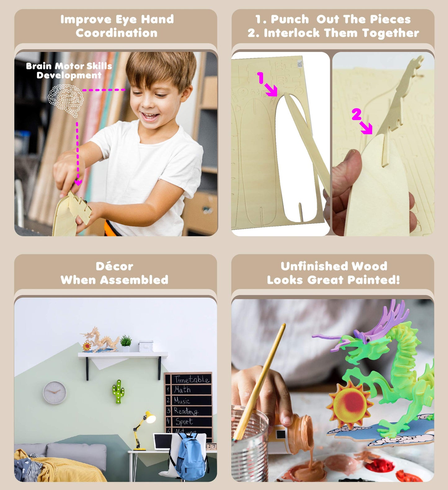 Puzzled 3D Puzzle Dragon Wood Craft Construction Model Kit, Fun Unique & Educational DIY Wooden Toy Assemble Model Unfinished Crafting Hobby Puzzle