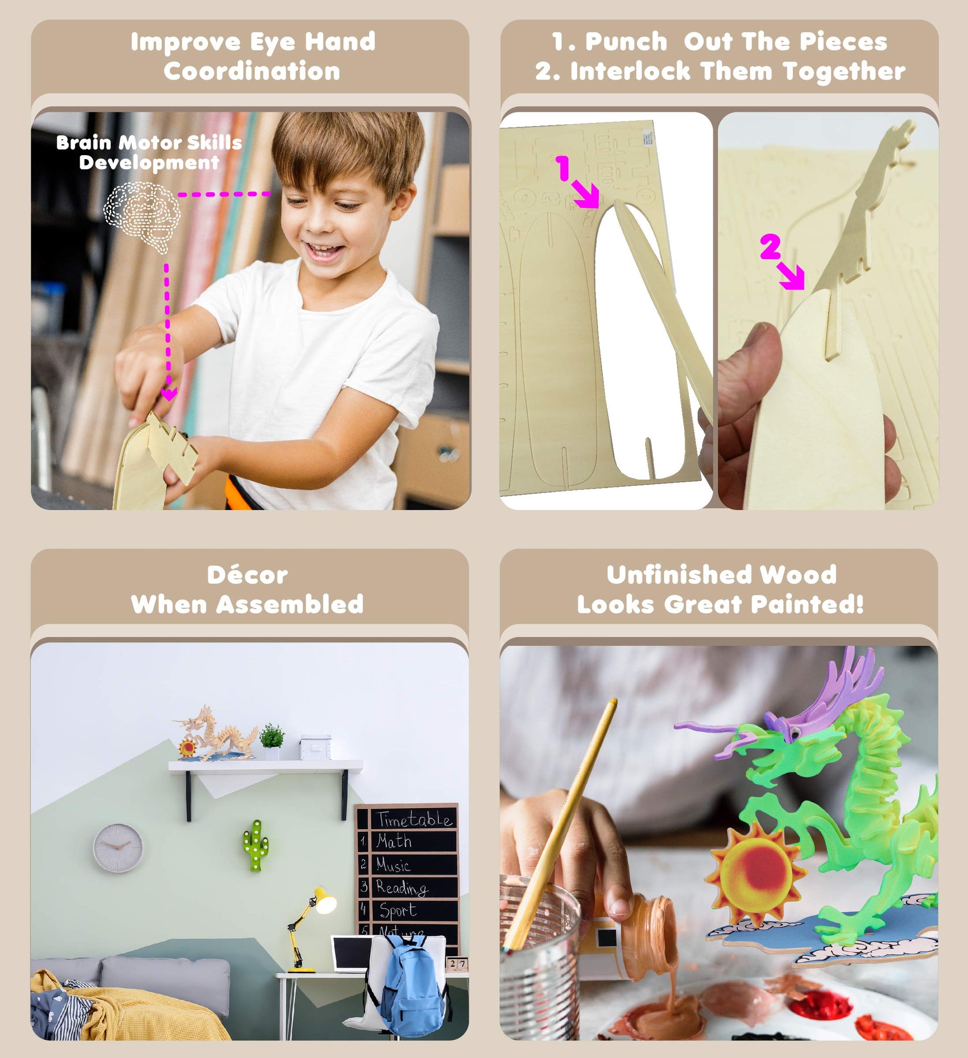 Puzzled 3D Puzzle Dragon Wood Craft Construction Model Kit, Fun Unique & Educational DIY Wooden Toy Assemble Model Unfinished Crafting Hobby Puzzle
