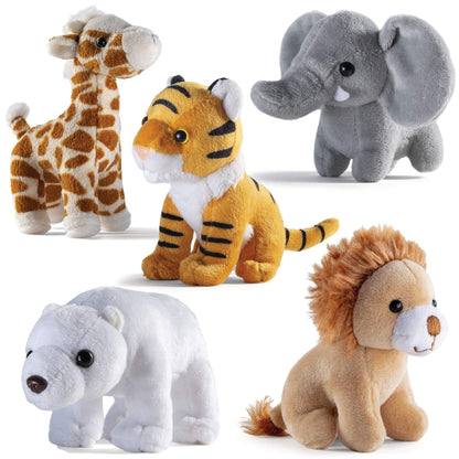 PREXTEX Safari Friends Stuffed Animal Gift Set - 5 Small Plush (Giraffe, Tiger, Lion, Polar Bear, Elephant) Zoo Animals - Machine Washable Stuffed