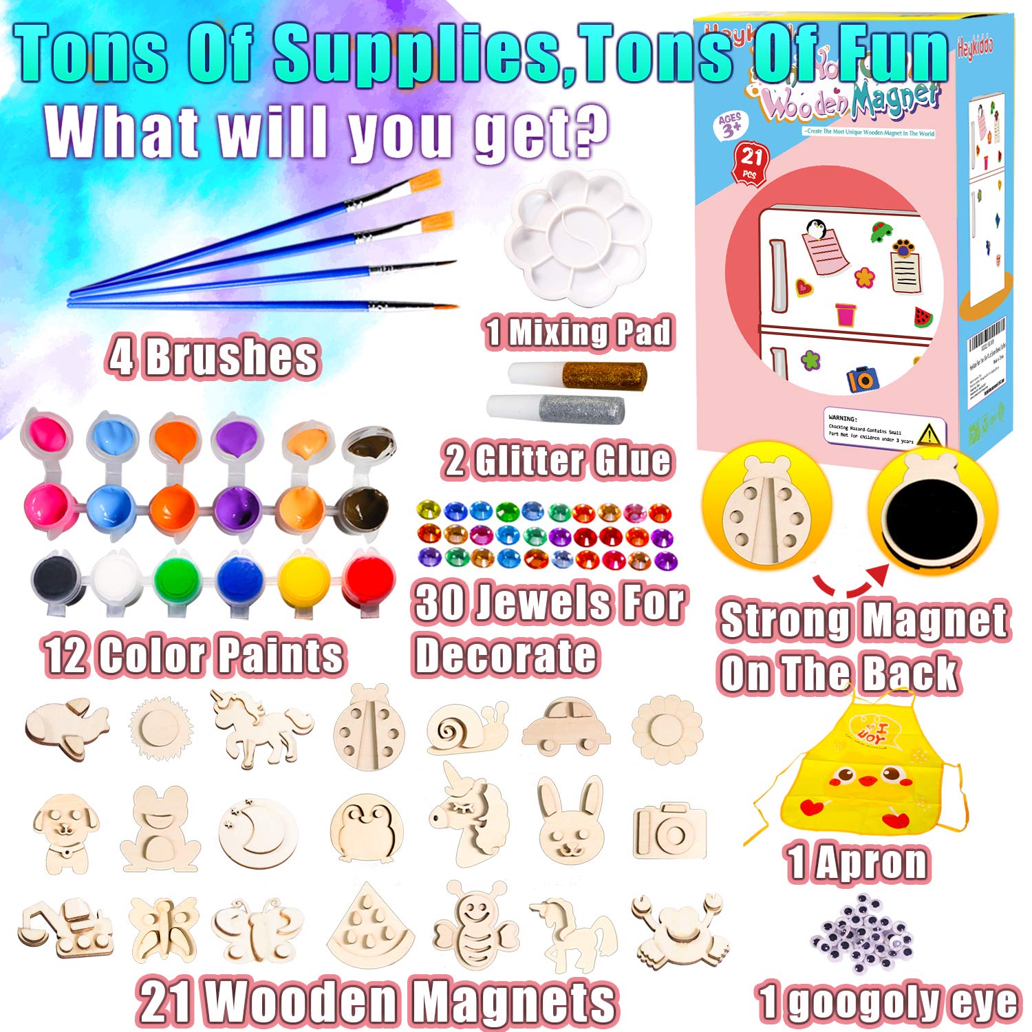 HeyKiddo Paint Your Own Wooden Magnet - Wood Painting Craft Kit for Kids Age 3 4 5 6+ Year Old,Art Painting Kit for Boys & Girls, DIY Birthday