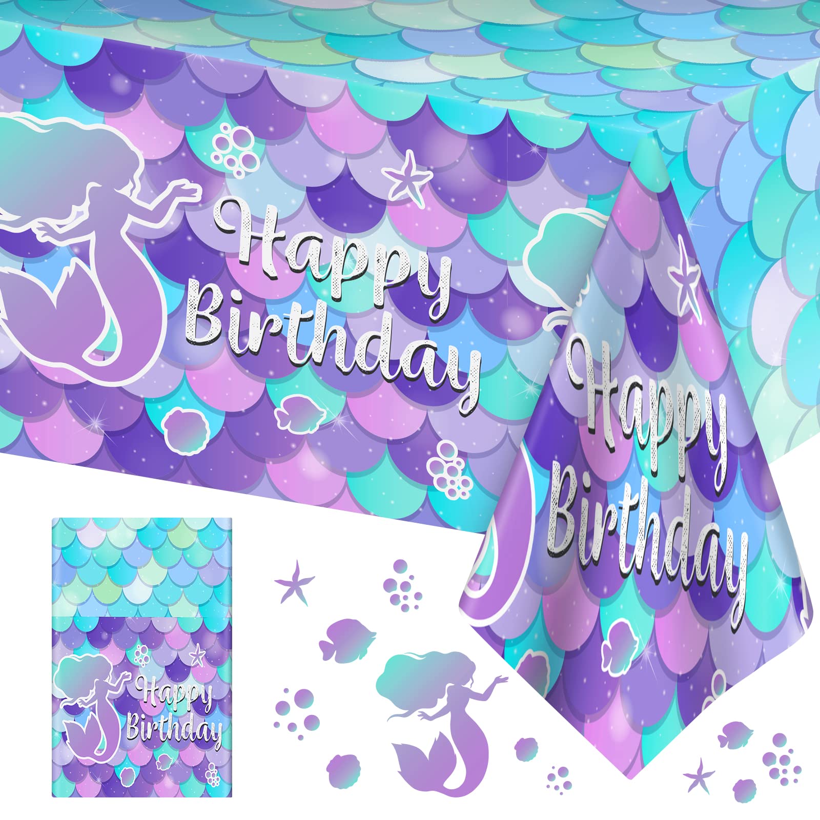 1 Pcs Mermaid Tablecloth-Happy Birthday Mermaid Table Cover, Disposable Plastic Rectangle Ocean Under The Sea Mermaids Table Cloth for Mermaids