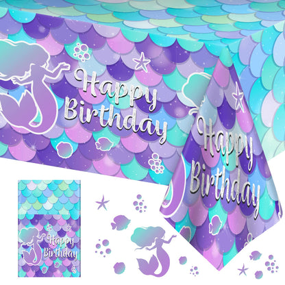 1 Pcs Mermaid Tablecloth-Happy Birthday Mermaid Table Cover, Disposable Plastic Rectangle Ocean Under The Sea Mermaids Table Cloth for Mermaids