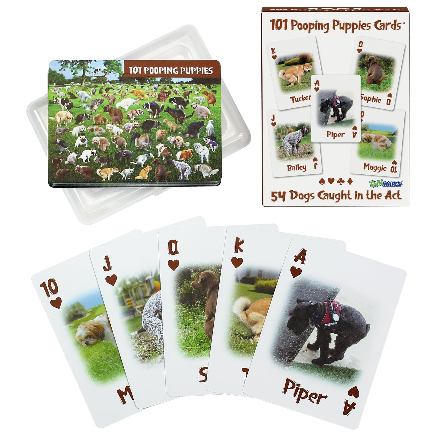 Funwares Ace of Poops - Hilarious Waterproof Card Deck with 54 Unique Dogs Pooping, Durable Plastic Playing Cards, Perfect for Parties, Family Game