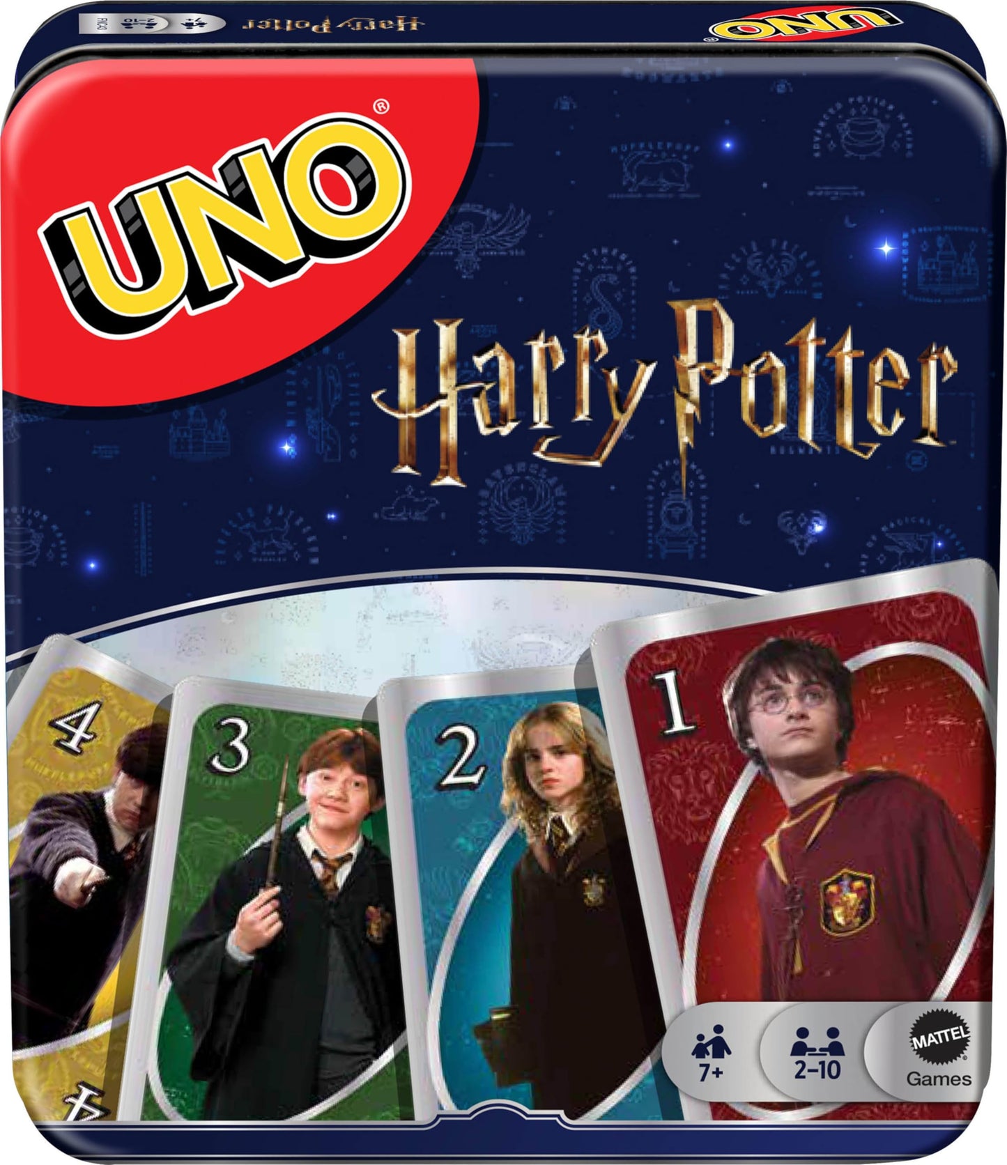Mattel Games UNO Harry Potter Card Game in Storage Tin for Kids, Adults & Parties, Collectible Deck Based on Popular Series for 2 to 10 Players