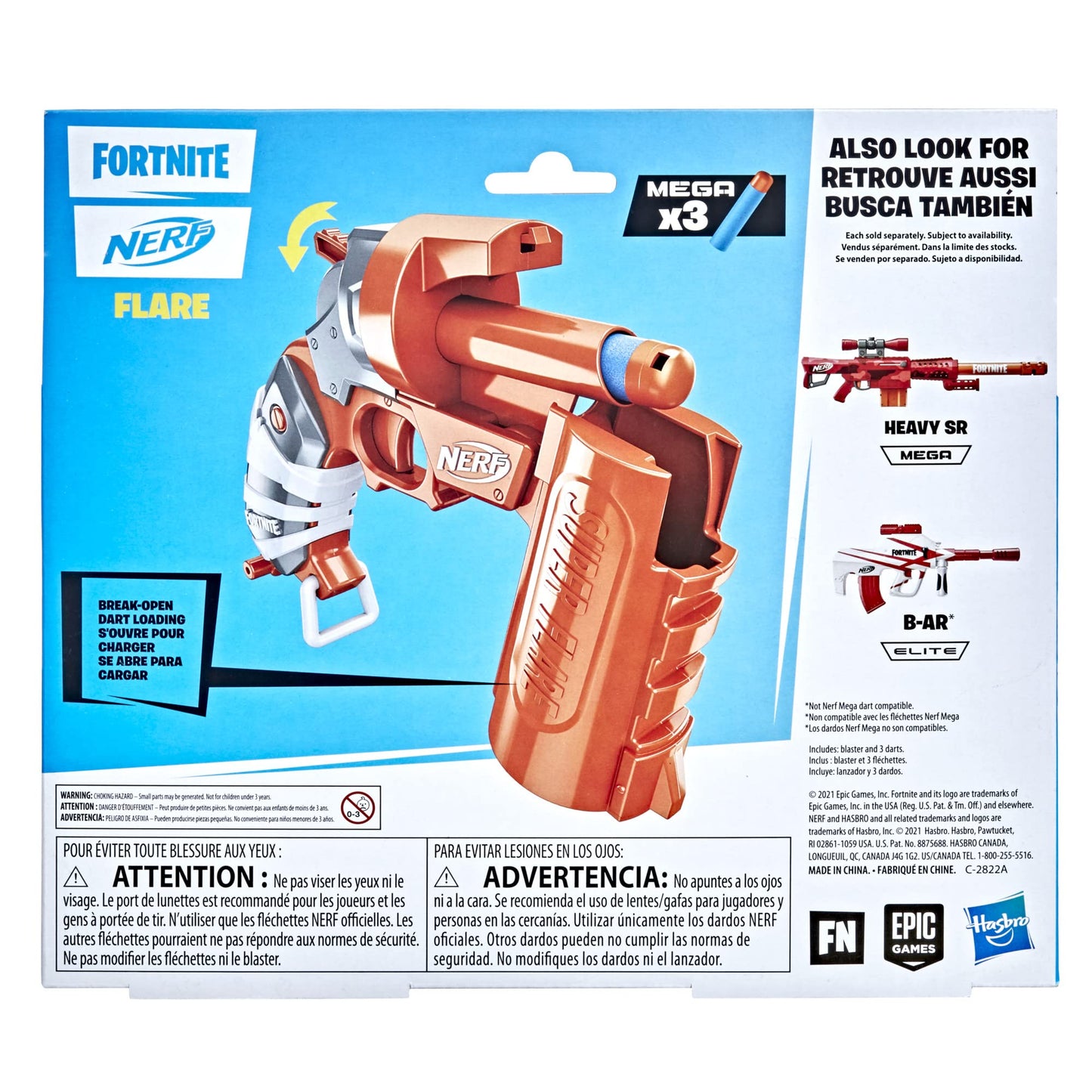 Nerf Fortnite Flare Dart Blaster, Break-Open Dart Loading, Includes 3 Mega Darts that Whistle Through the Air, Pull-Down Priming Handle