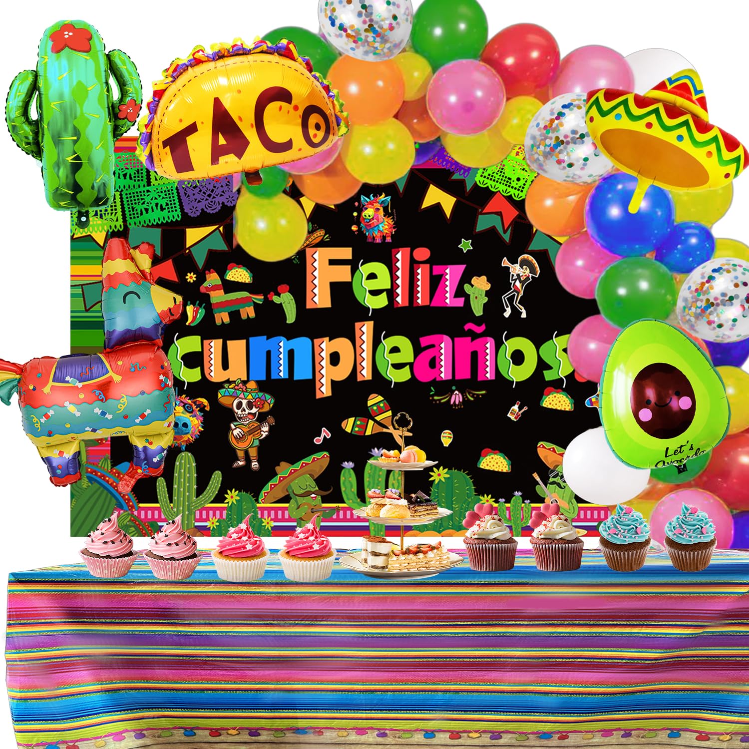 Mexican Themed Party Decorations Fiesta Party Supplies Balloons Garland Arch Kit Feliz Cumpleanos Backdrop Tablecloth Cinco De Mayo Taco Cactus
