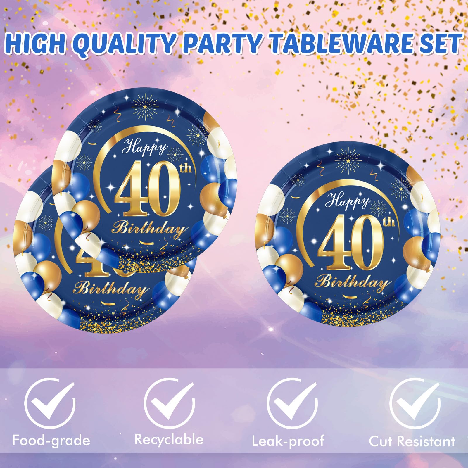 40PCS Happy 40th Birthday Decorations Navy Blue and Gold Theme Party for 40 Years Old Party Decorations Include Plates Napkins For Men Boys Girls