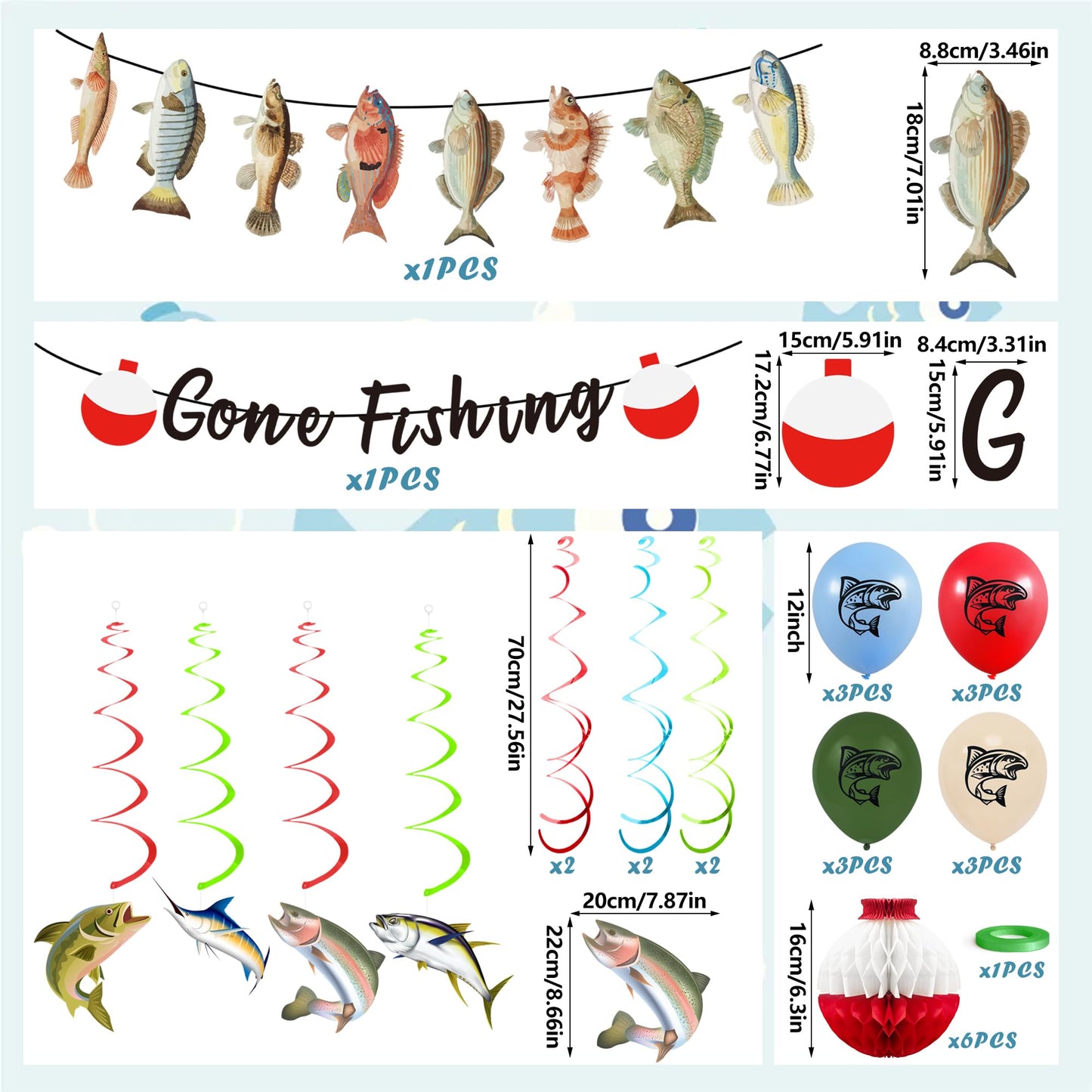 Gone Fishing Party Decorations Kit Include Hanging Banner Swirl Balloons (Gone Fishing)