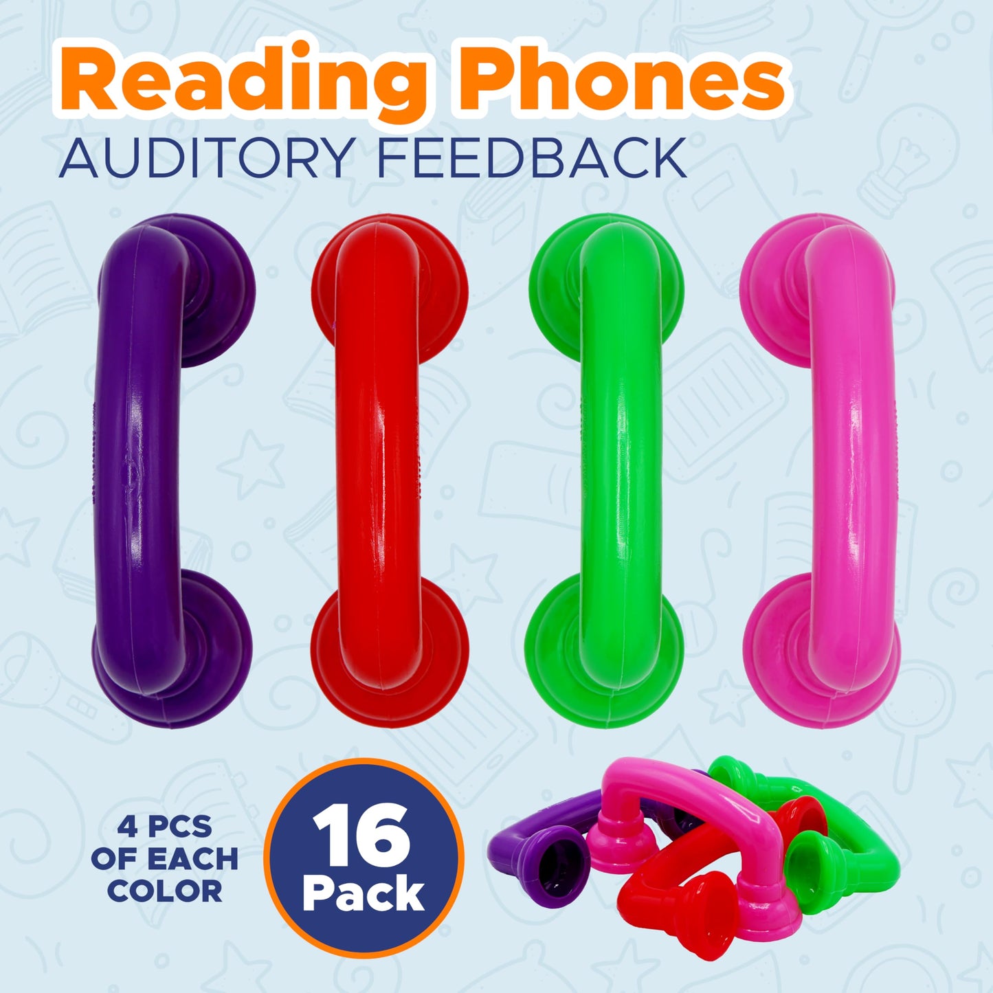 4E's Novelty 16 Reading Phones [16 Pack] Auditory Feedback Whisper Phone Classroom Manipulative, Speech Therapy Toy Tool - Accelerates Reading Fluency