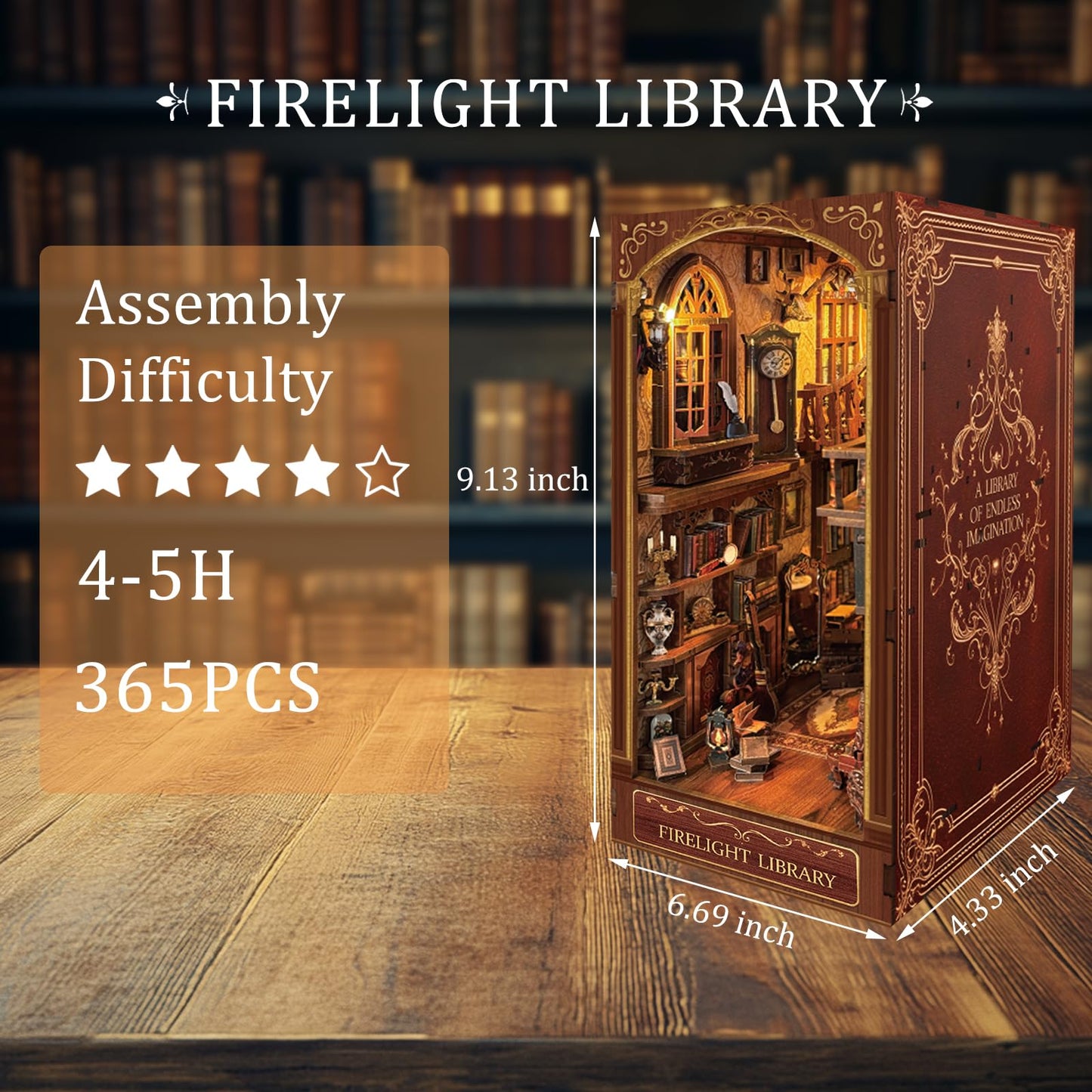 Firelight Library Book Nook, DIY Miniature House Puzzle for Magical Home Decor, 3D Bookshelf Decor for Adults and Beginners