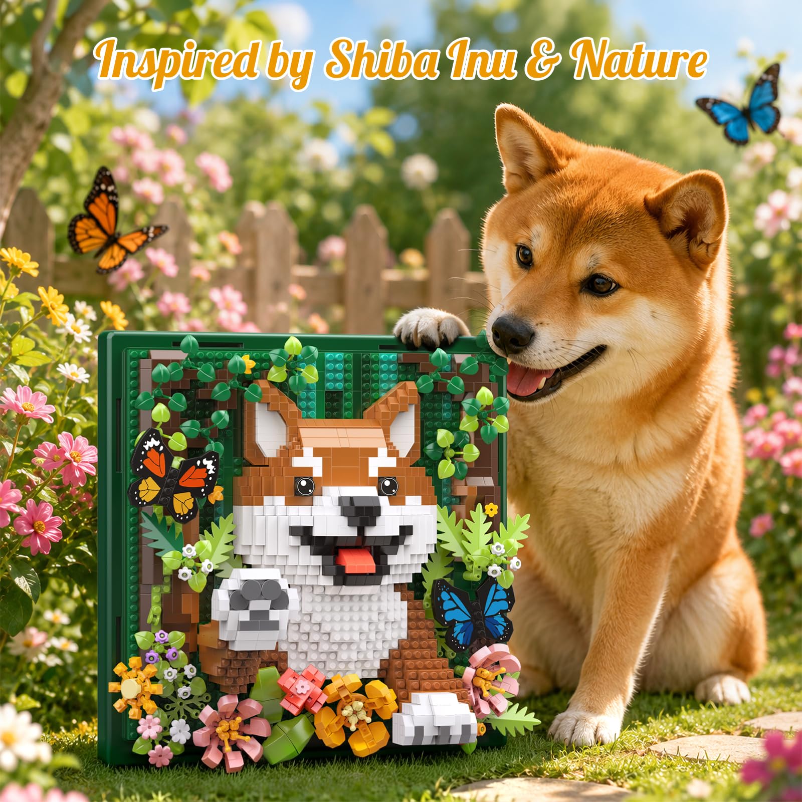 Vziimo Animal Flowers 3D Wall Art Building Set, Botanical Dog Micro Building Blocks Wall & Tabletop Display Decor Model Kit, Shiba Inu Toys Gifts