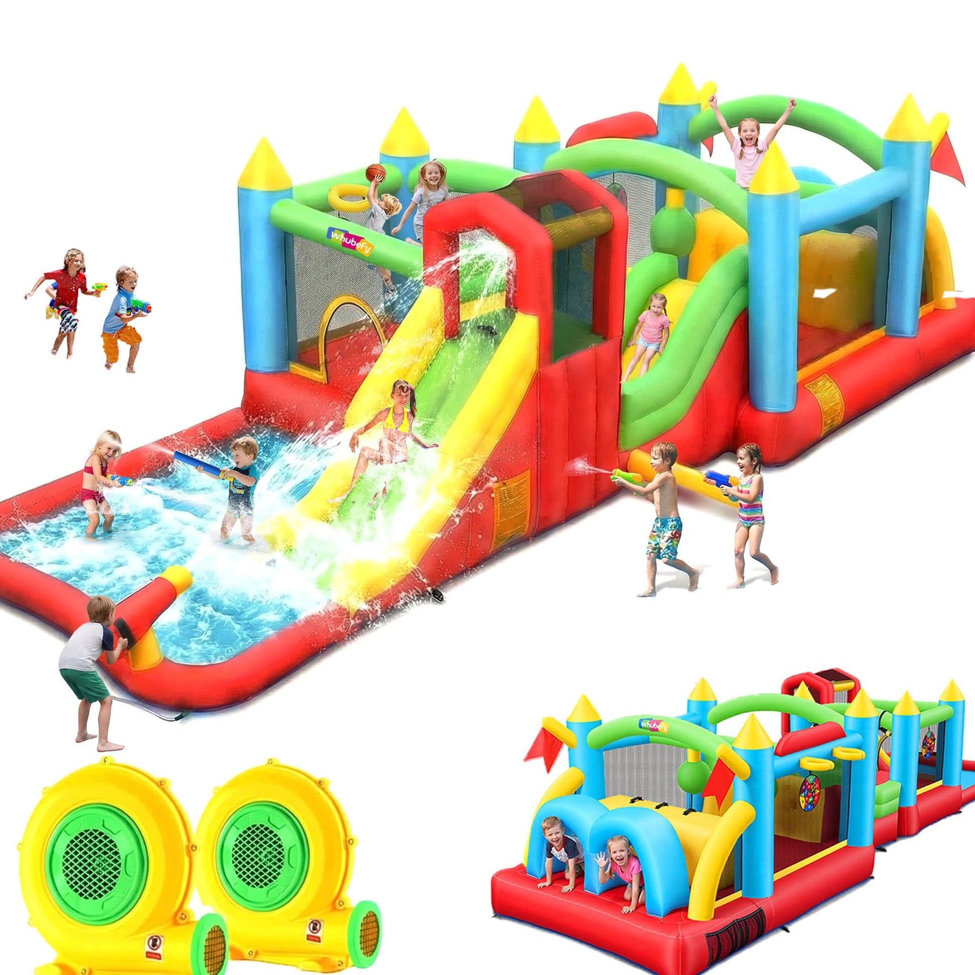 Giant 29FT Wate Slide Bounce House Detachable (15.3+13.5FT) Combo, Obstacle Course & Waterslide, Tunnel/Jumping Area/Spalish Pool, Bouncy Castle