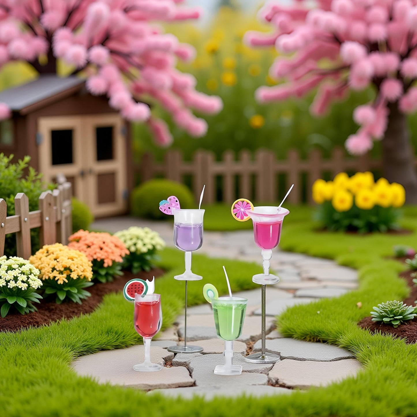 4 Pcs Miniature Dollhouse Juice and Wine Bottle Set - Resin Cocktail Cups, Simulated Drink Models for Dollhouse Kitchen Decor, Mini Props for DIY