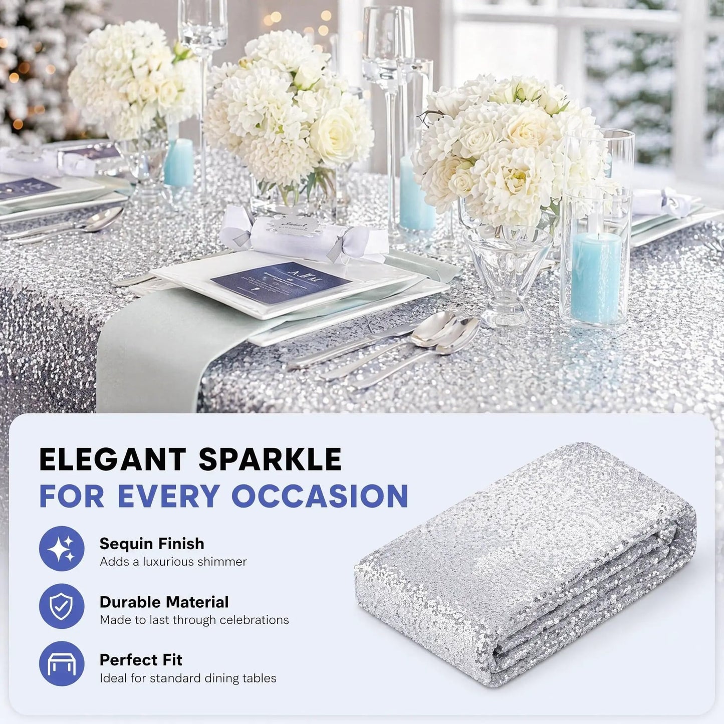 ShiDianYi Silver Sequin Tablecloth 50x72, Sparkly Glitter for Wedding Party