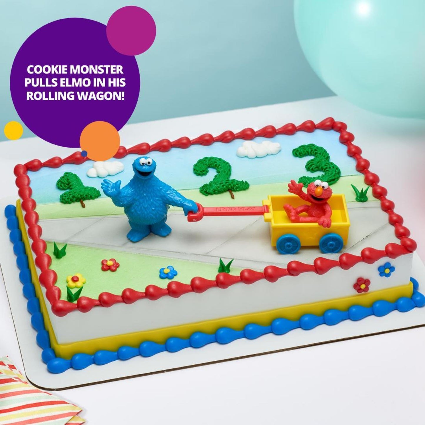 DecoSet® Sesame Street® Let's Play Cake Topper, 2-Piece Birthday Cake Decoration with Cookie Monster and Elmo in a Free-Wheeling Wagon, Ready to Use
