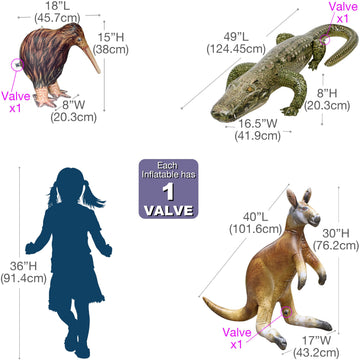 Jet Creations Life on Earth Wildlife Safari Inflatable, 3-PK, Kangaroo, Kiwi Bird, Alligator, Realistic Animals for Party Decoration, Pool, Birthday