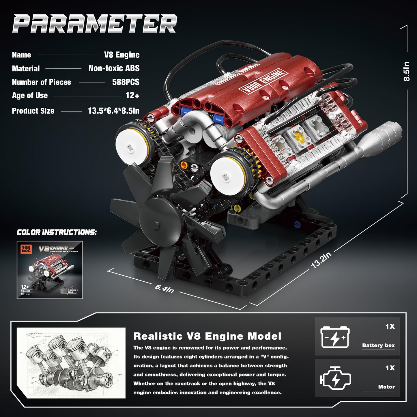Tuajixz V8 Engine Building Blocks Sets, V8 Engine Model Kit That Runs - Motorized with Moving Pistons, Crankshaft & Rotating Fan, Realistic Engine