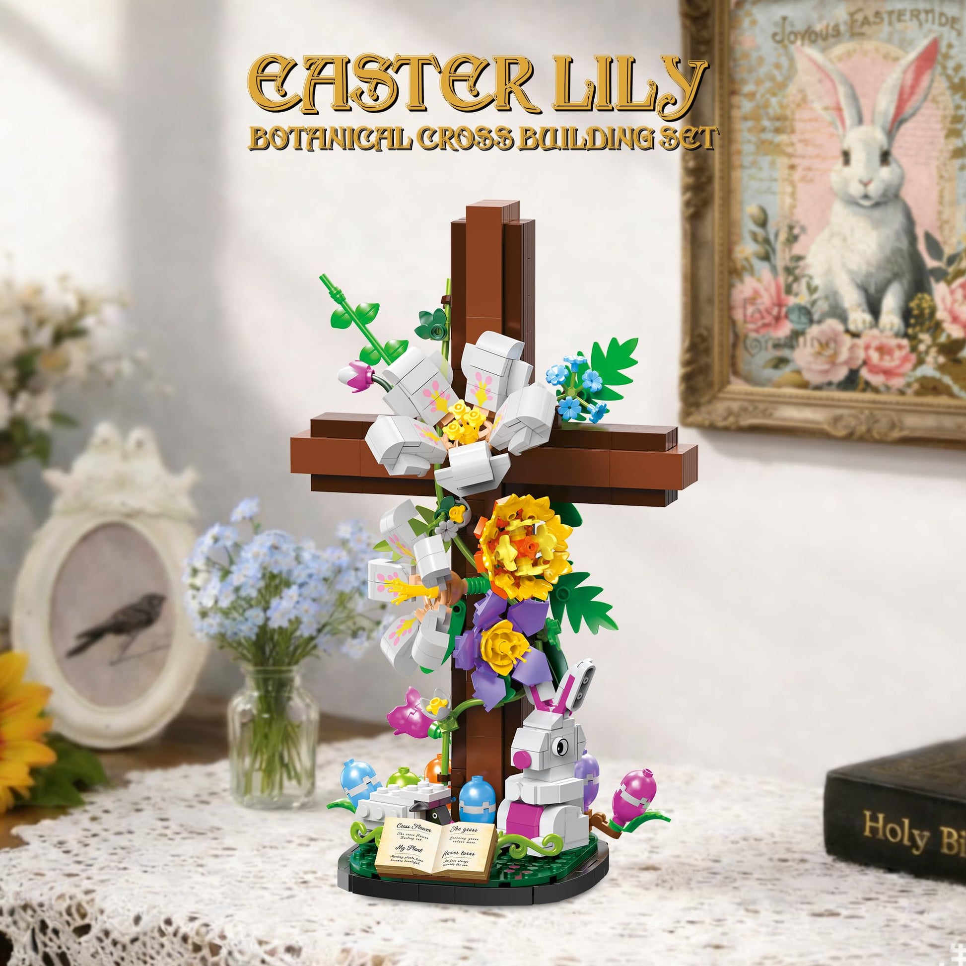 HiDectee Cross Flower Building Set - Jesus Botanical Lily Cross with Bible Base & Spring Garden - Religious Christian Faith Gifts for Women, Mom