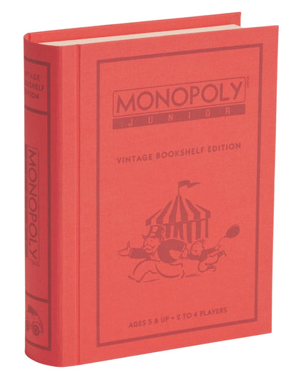 WS Game Company Monopoly Junior Vintage Bookshelf Edition: Linen Fabric-Wrapped Book Case - Classic Monopoly Jr. Board Game for Family Game Night (2-4