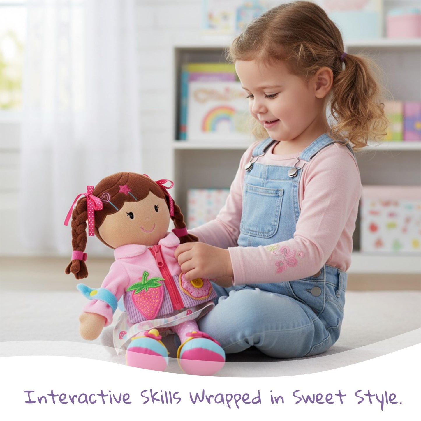 June Garden 15.5" Dressy Friends Daisy - Educational Stuffed Plush Doll for Kids and Toddlers 2 Years and Up - Montessori Buckle Soft Toy