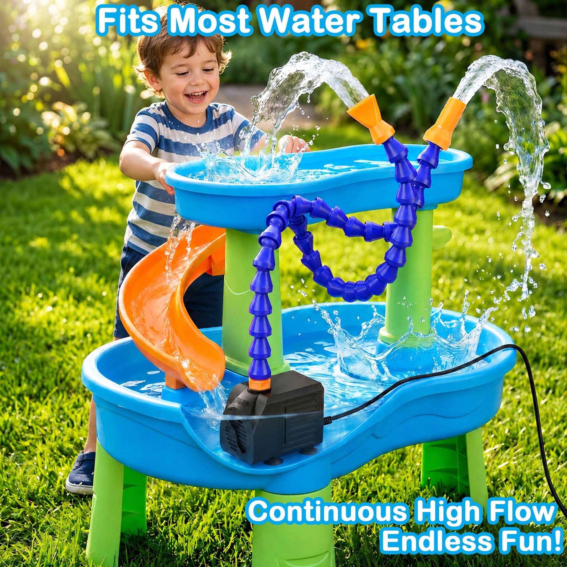 Water Table Pump Continuous Flow, 20W No Drill Installation Water Pump with Dual-Outlet Tube, Compatible with Step2 Water Tables, IPX8 Waterproof