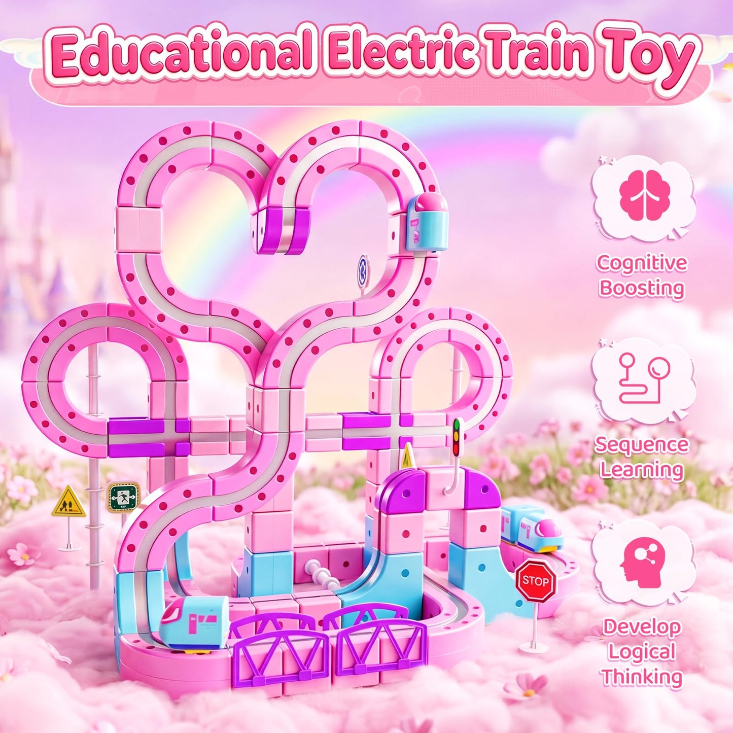Lukxi Pink Electric Train Set for Girls, 170PCS Magnetic Train Track with Heart-Shaped Design, DIY Anti-Gravity 3D Race Track, STEM Educational Toy