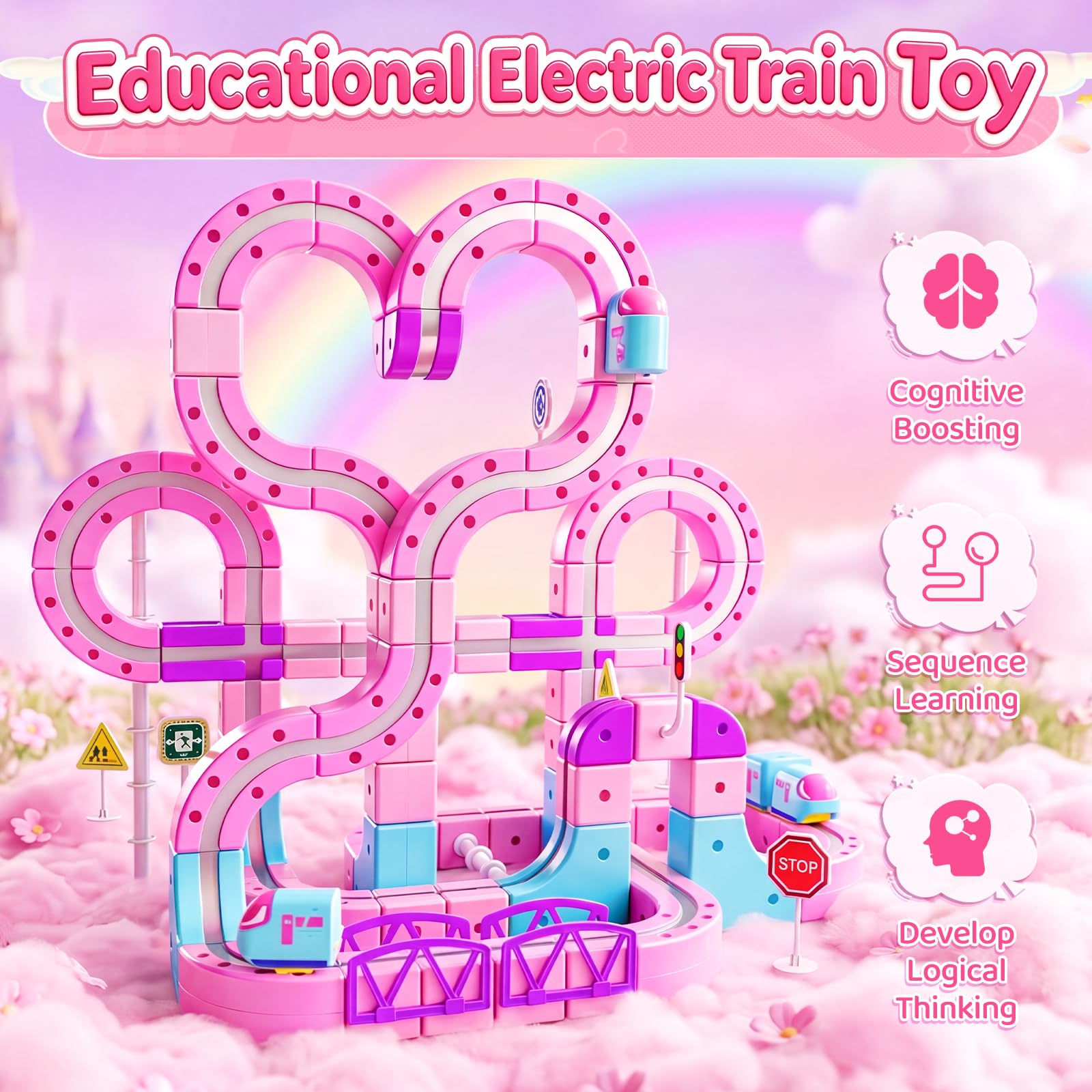 Lukxi Pink Electric Train Set for Girls, 170PCS Magnetic Train Track with Heart-Shaped Design, DIY Anti-Gravity 3D Race Track, STEM Educational Toy