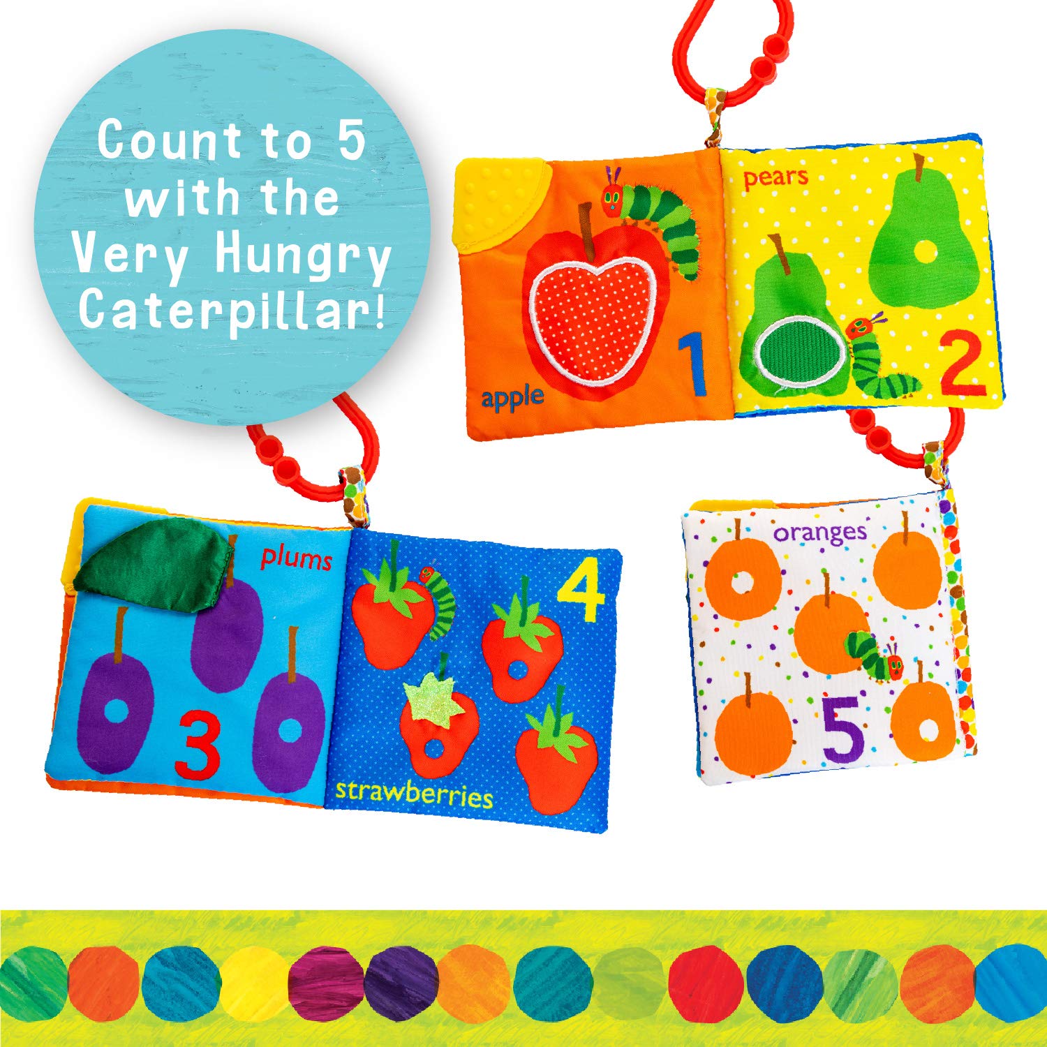Let's Count Soft Book - World of Eric Carle the Very Hungry Caterpillar Baby on the Go Clip Teething Crinkle Soft Sensory Book for Babies, 5.25x5.25