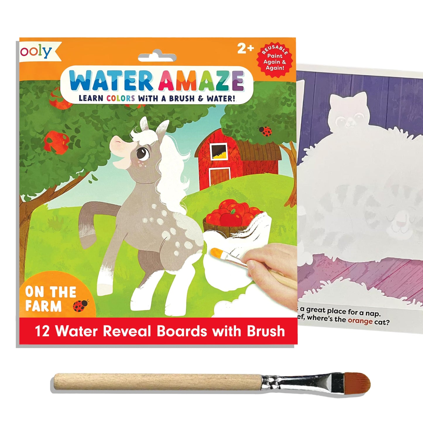 Ooly Water Amaze Mess-Free Travel Activity for Kids - 12 Reusable Reveal Boards & Brush, Paint with Water, Toddler Car & Airplane Craft - On The Farm