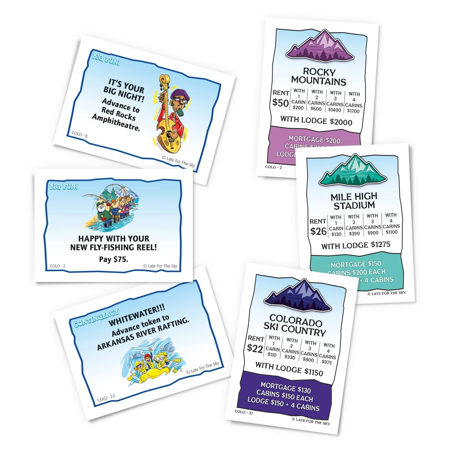 Late for The Sky Colorado-Opoly Board Game - Colorado Travel Family Game Night, Property Trading Strategy Fun, Made in USA, 2-6 Players Ages 8+
