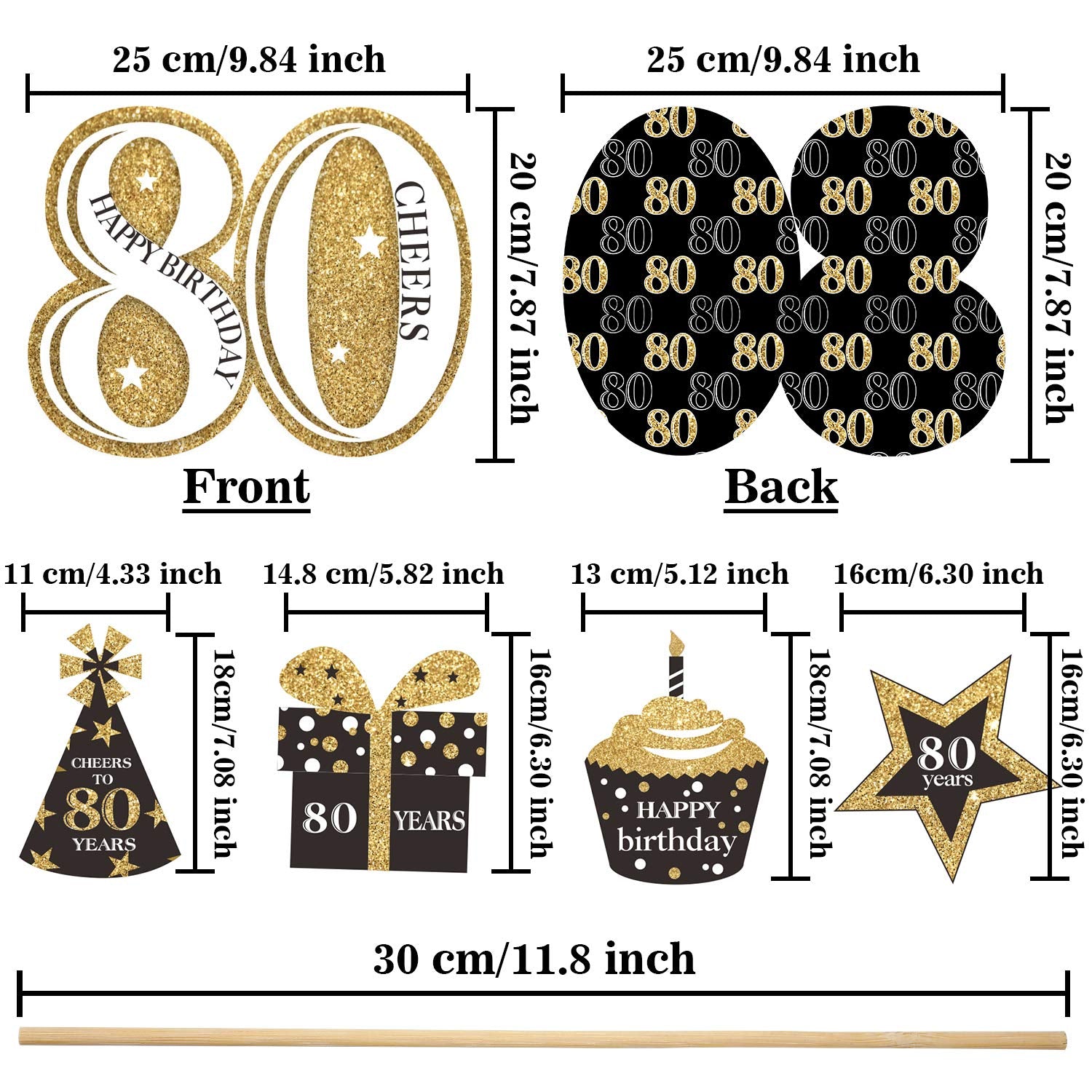 Blulu Birthday Party Decoration Set Golden Birthday Party Centerpiece Sticks Glitter Table Toppers Supplies, 24 Pack (80th)