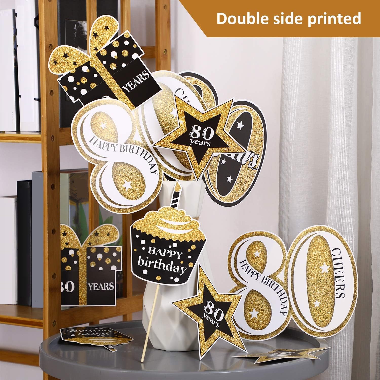 Blulu Birthday Party Decoration Set Golden Birthday Party Centerpiece Sticks Glitter Table Toppers Supplies, 24 Pack (80th)