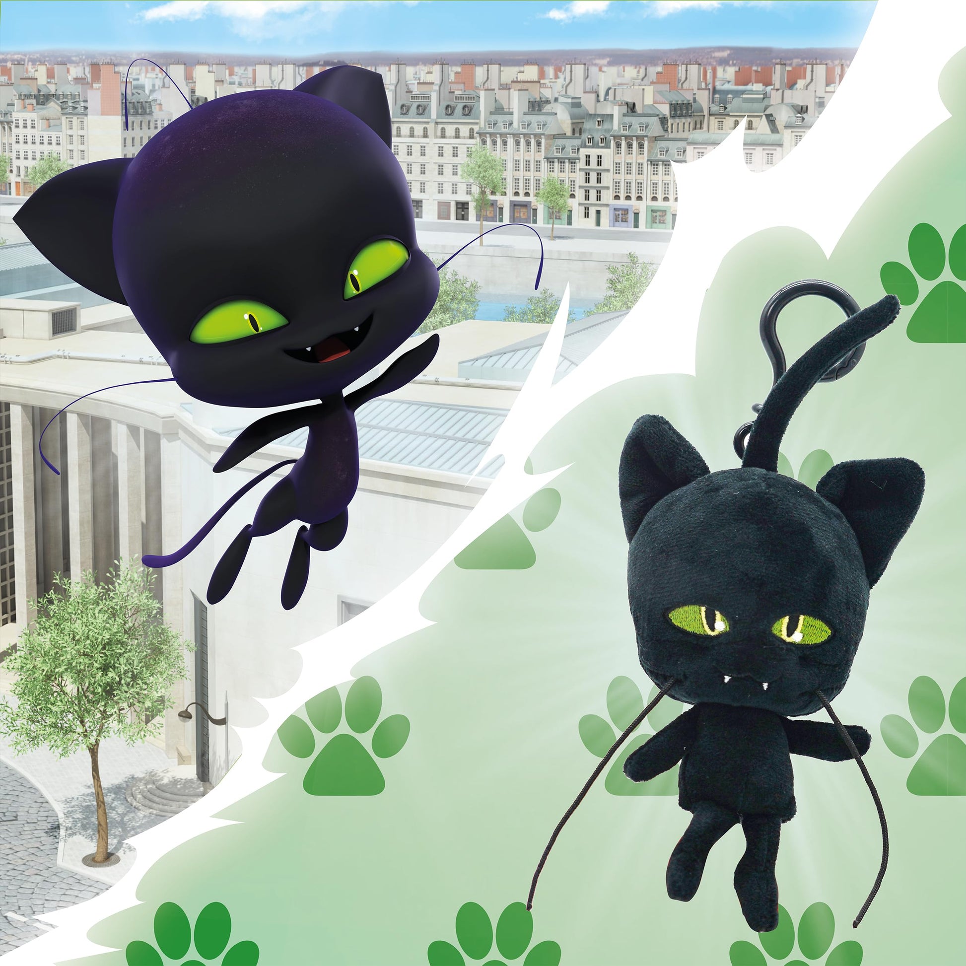 Miraculous Ladybug - Kwami Lifesize Plagg, 5-inch Cat Plush Clip-on Toys for Kids, Super Soft Collectible Stuffed Toy with Glitter Stitch Eyes